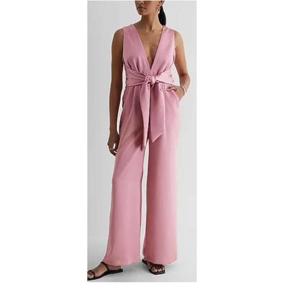 NEW Express XS Satin V-Neck Tie Waist Wide Leg Jumpsuit Barbie Holiday Party